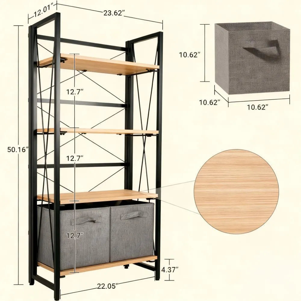 4-Tier Foldable Bookcase with Storage Drawers