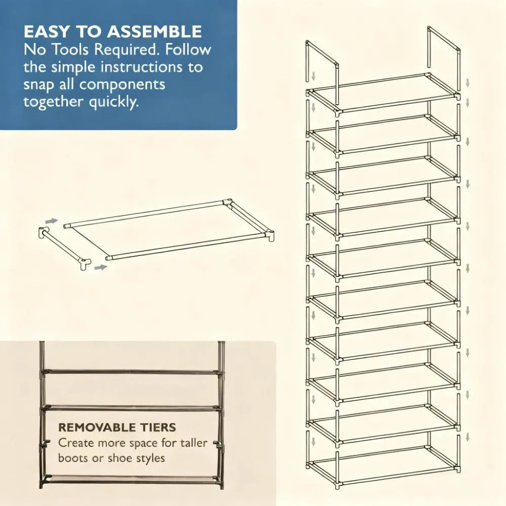 Tall 10-Tier Shoe Organizer, Space-Saving & Durable for Any Room