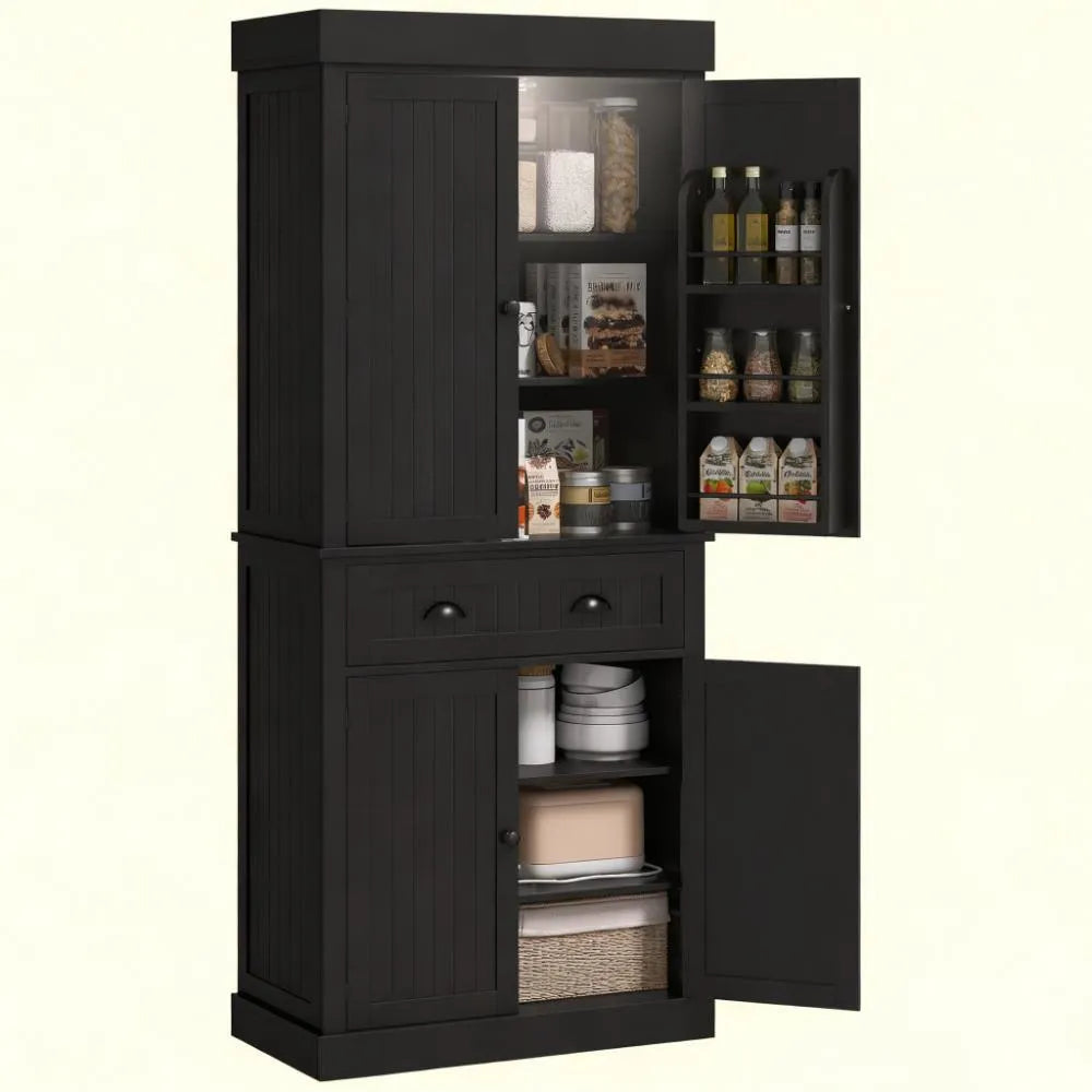71" Large Pantry Cabinet, 6-Door & Drawer Design with LED Lights