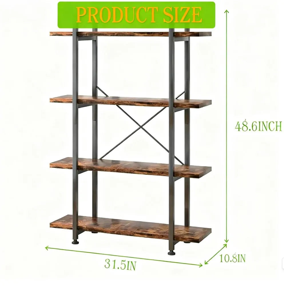 4-Tier Industrial Bookshelf, Rustic Brown Open Storage Shelf