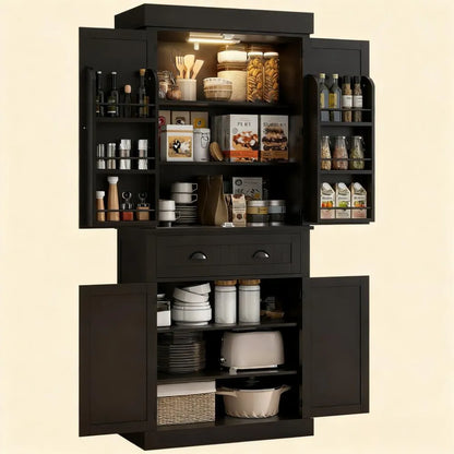 71" Large Pantry Cabinet, 6-Door & Drawer Design with LED Lights