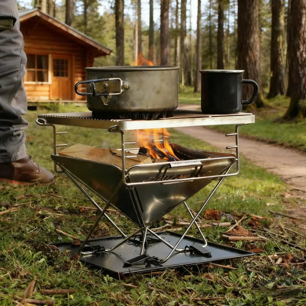 Camping BBQ with Adjustable Grill, Charcoal Compatibility & Foldable Design - All-in-One Cookware