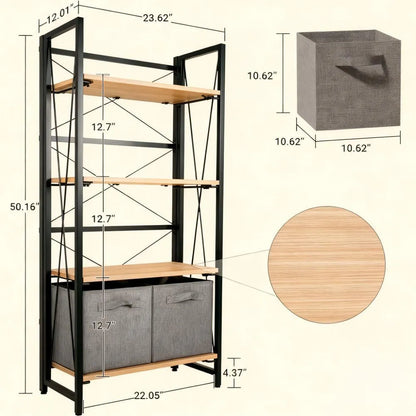 4-Tier Foldable Bookcase with Storage Drawers