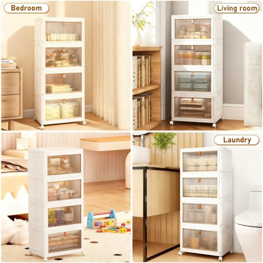 4-Tier Storage Bins with Wheels, 23QT Stackable & Collapsible