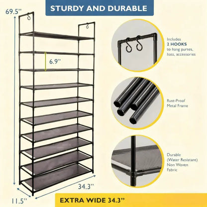 Tall 10-Tier Shoe Organizer, Space-Saving & Durable for Any Room