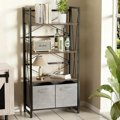 4-Tier Foldable Bookcase with Storage Drawers