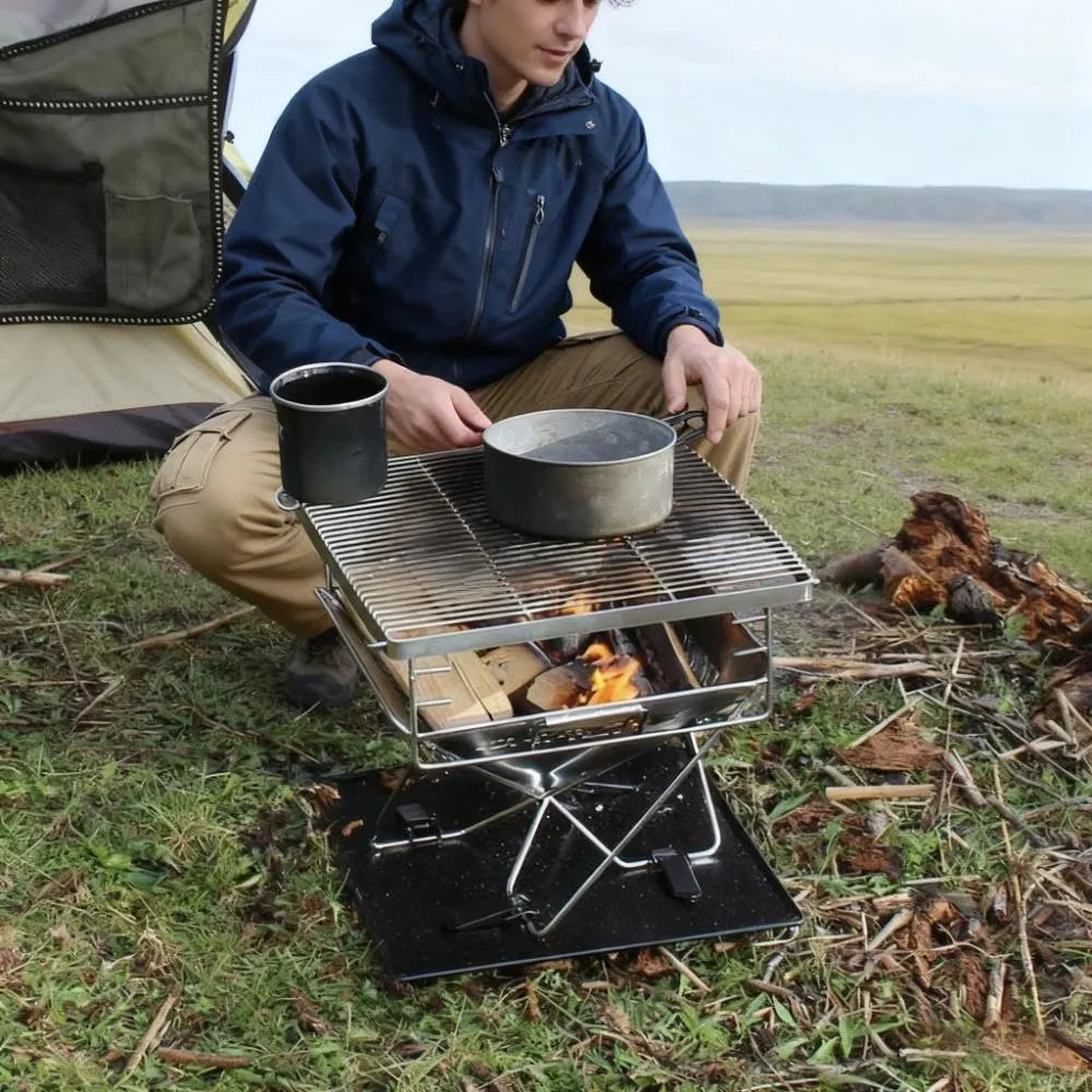 Camping BBQ with Adjustable Grill, Charcoal Compatibility & Foldable Design - All-in-One Cookware